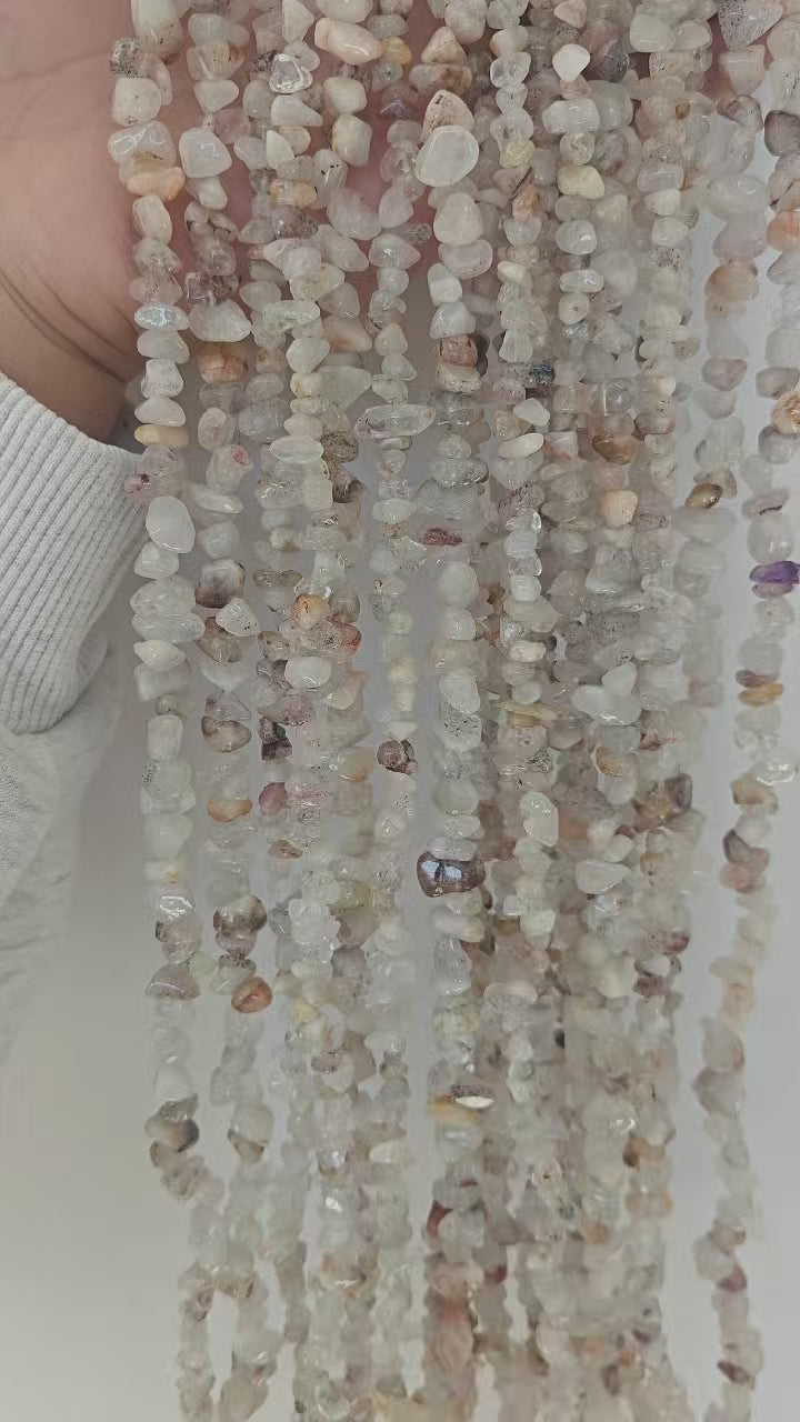 360 rotation of natural cherry blossom agate irregular bead long necklace, soft pink and cream tones with flower-like patterns visible from all angles