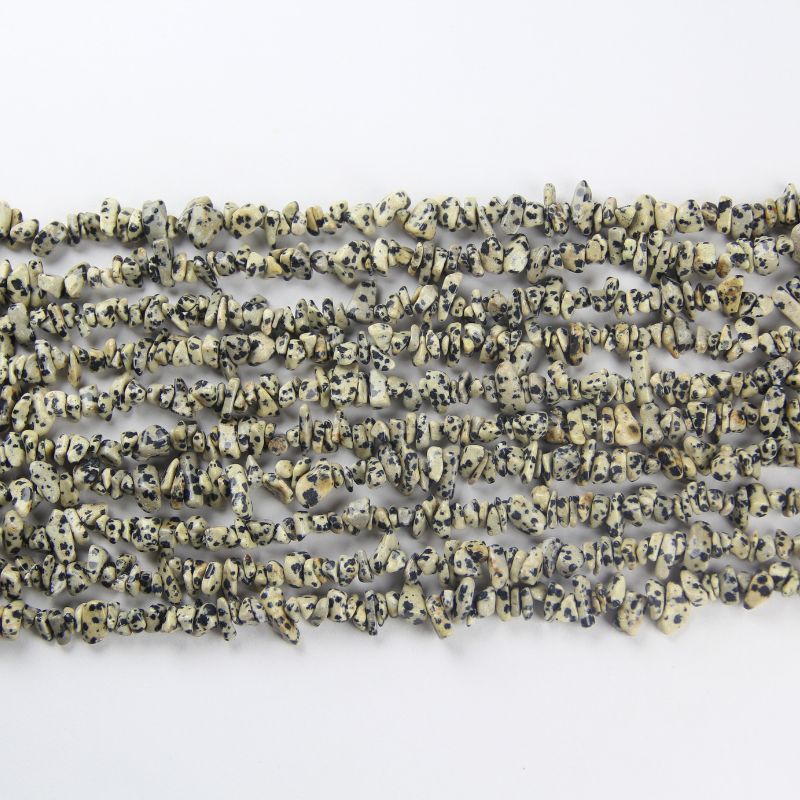 360-degree video of 31.5 inch Dalmatian Jasper bead chain with irregular spots and nylon cord