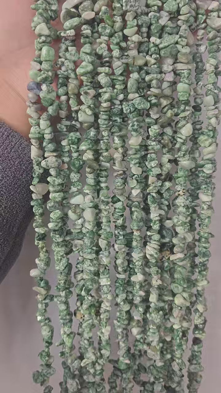 360 rotation of natural tree agate irregular bead long necklace, milky white beads with dendritic tree patterns visible from all angles