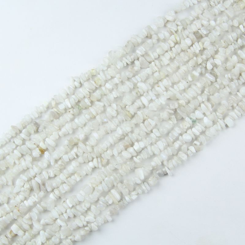 Multiple strands of natural white moonstone chip beads stacked together, showing 5-8mm irregular chips with adularescence glow, bulk DIY jewelry supplies