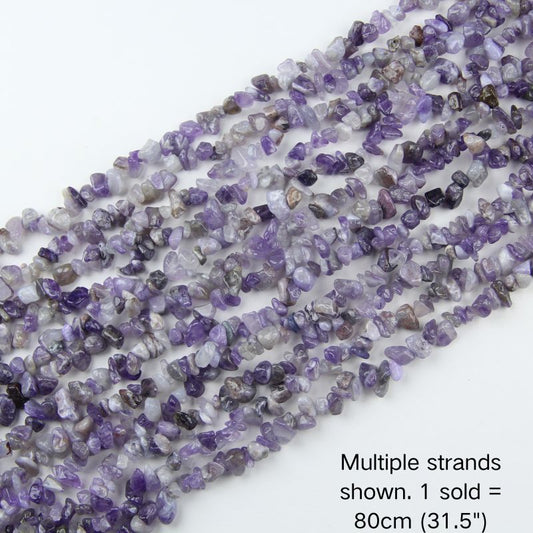 Purple lilac quartz chip beads, multi-strand display, 31.5 inch strand, 5-8mm polished chips.