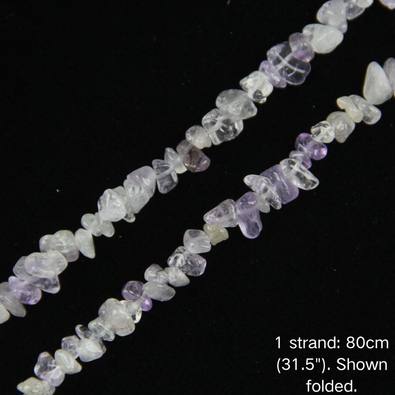 Macro close-up of glossy, bi-color Purple & White irregular crystal chip beads, showing beautiful mixed hues, polished texture, and center-drilled holes.