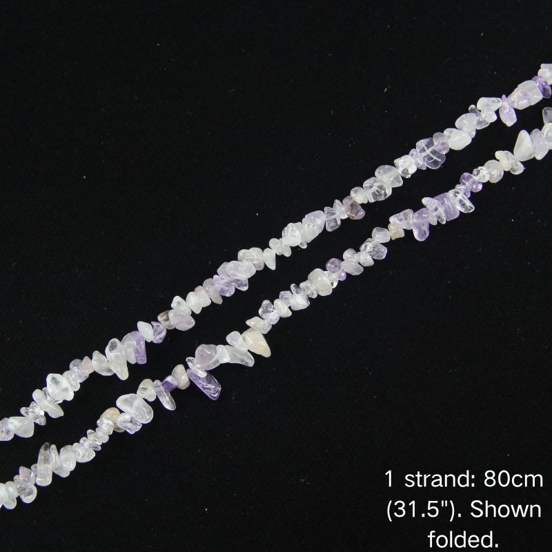 A single 80cm (31.5") strand of Purple & White irregular crystal chip beads, shown folded to display actual length and nylon cord.