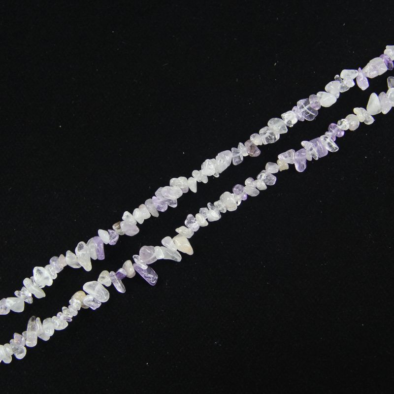 single flat lay of purple white crystal necklace strand, 31.5 inches, 5-8mm irregular round beads strung on nylon cord