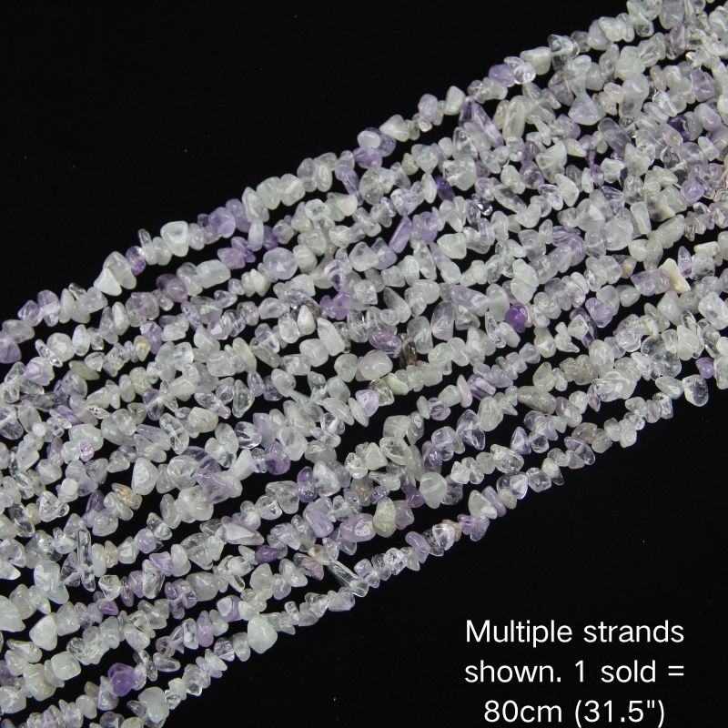Purple white quartz chip beads, multi-strand display, 31.5 inch strand, 5-8mm polished chips.