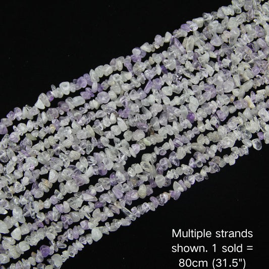 Purple white quartz chip beads, multi-strand display, 31.5 inch strand, 5-8mm polished chips.