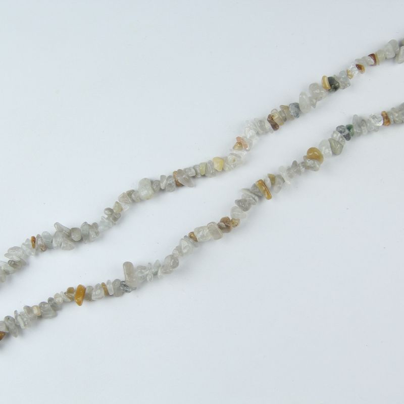 Close up of natural colorful rabbit hair crystal bead strand, 31.5 inch length, irregular 5-8mm rutilated quartz chips with delicate hair-like inclusions
