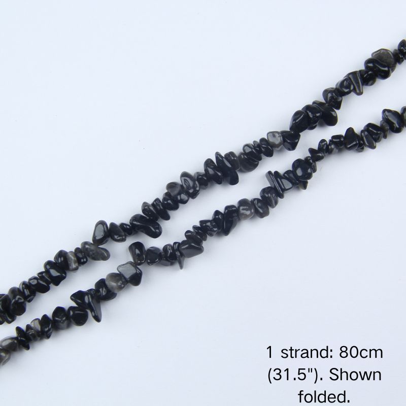 A single folded strand of natural silver obsidian polished chip beads, 80cm length for jewelry making.
