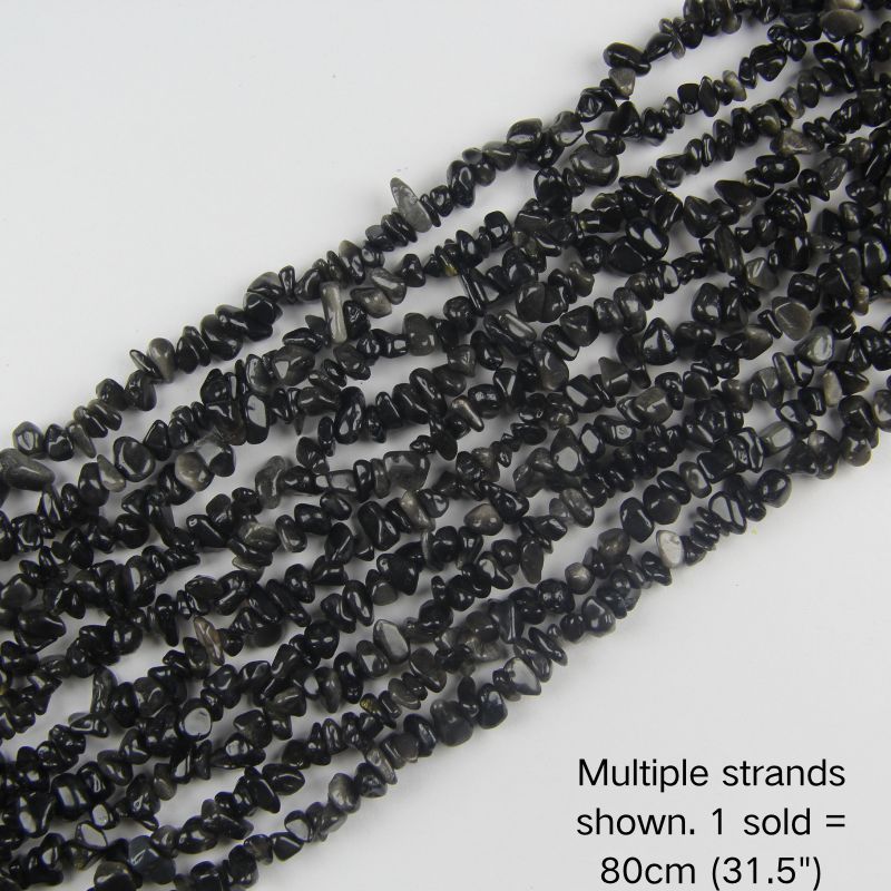 Multiple strands of natural silver obsidian chip beads on nylon cord, 31.5-inch gemstone strands.