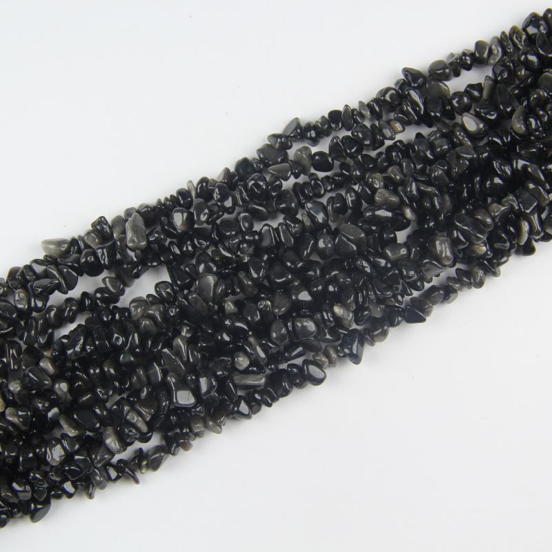 silver obsidian long bead chain hanging naturally against white background showing metallic sheen when light hits