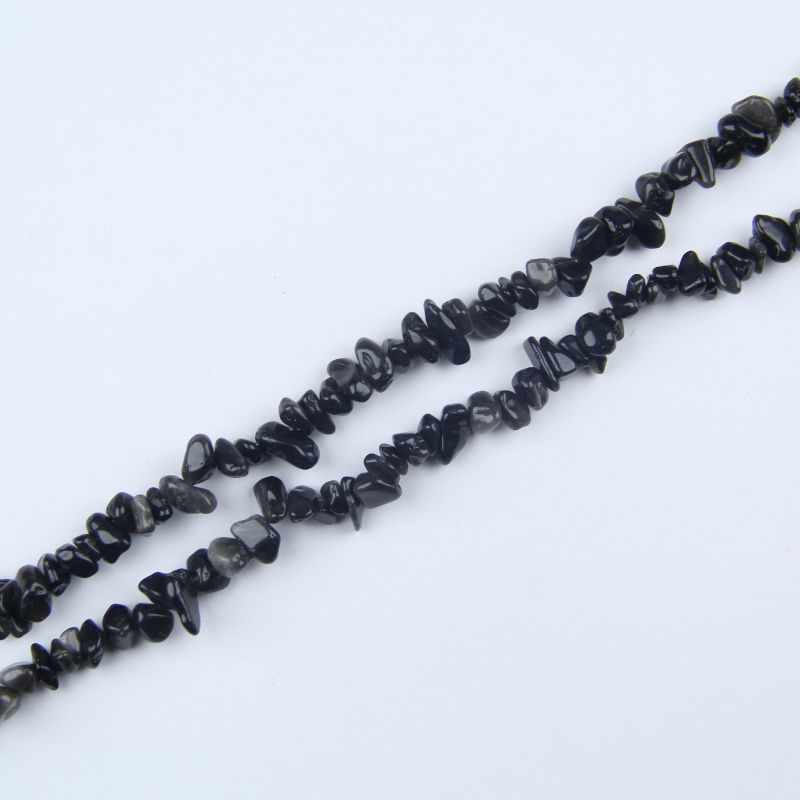 silver obsidian long bead chain hanging naturally against white background showing full 31.5 inch length and metallic sheen where light hits