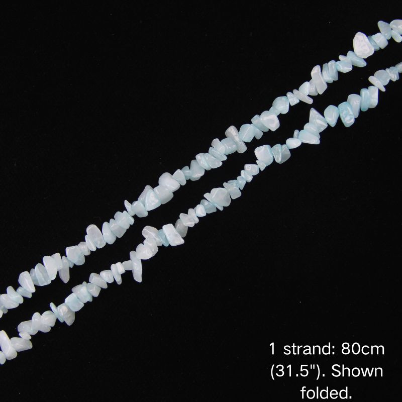 Single folded strand of 80cm natural blue chalcedony chip beads.