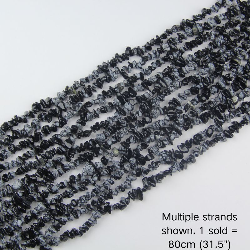 Multiple strands of natural snowflake obsidian chip beads on nylon cord, 31.5-inch gemstone strands.