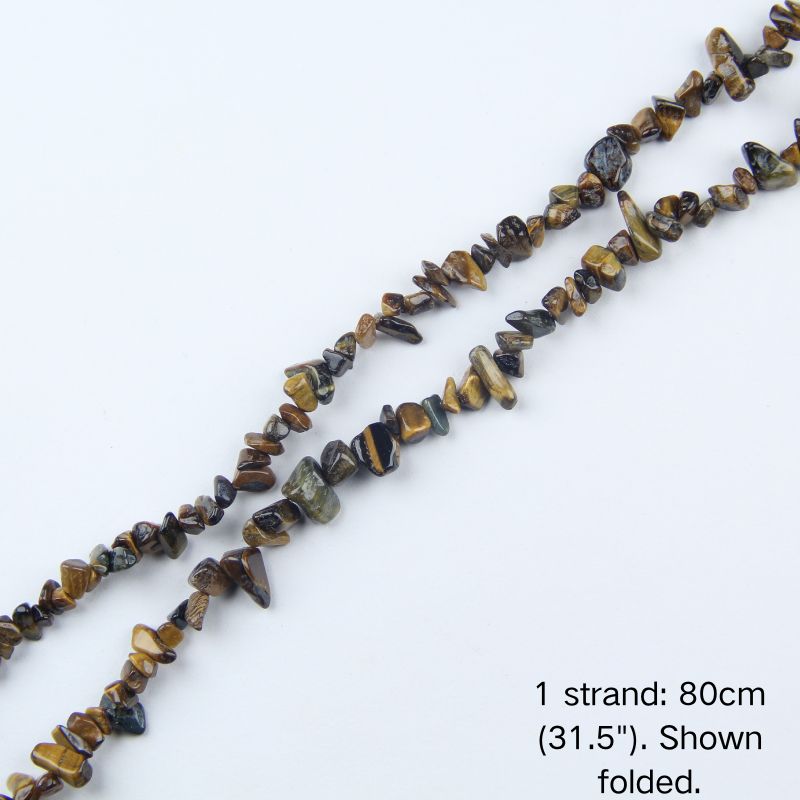 Tiger's eye chip beaded strand, 31.5 inch (80cm) length shown folded on white background.