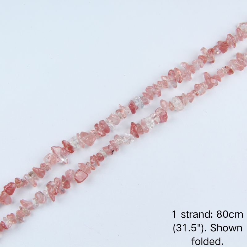A single 80cm (31.5") strand of Watermelon Red irregular crystal chip beads, shown folded to display actual length and nylon cord.