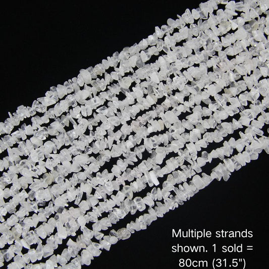 White cotton quartz chip beads, multi-strand display, 31.5 inch strand, 5-8mm polished chips.