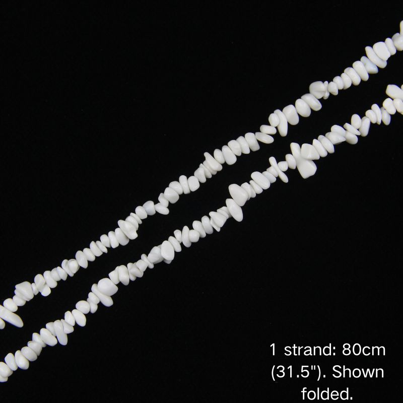 White porcelain chip beads strand folded, 31.5 inches, nylon cord, pure white ceramic chips.