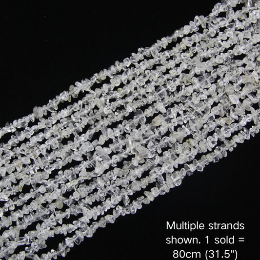 White quartz chip beads, multi-strand display, 31.5 inch strand, 5-8mm polished chips for bracelets.