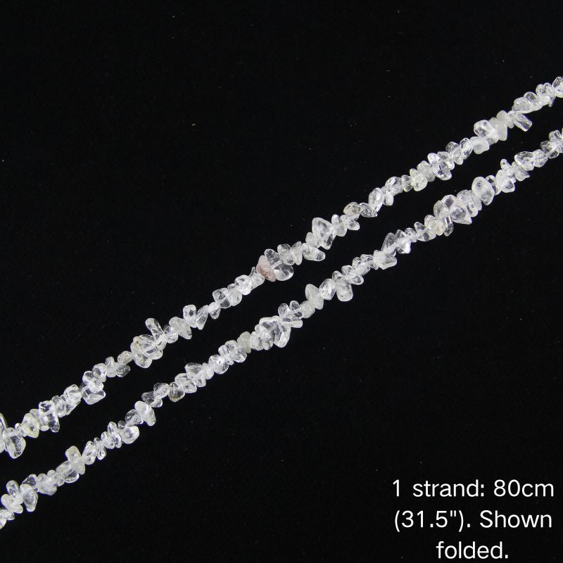 White quartz chip beads strand folded on white background, 31.5 inches long, nylon cord, DIY craft supply.