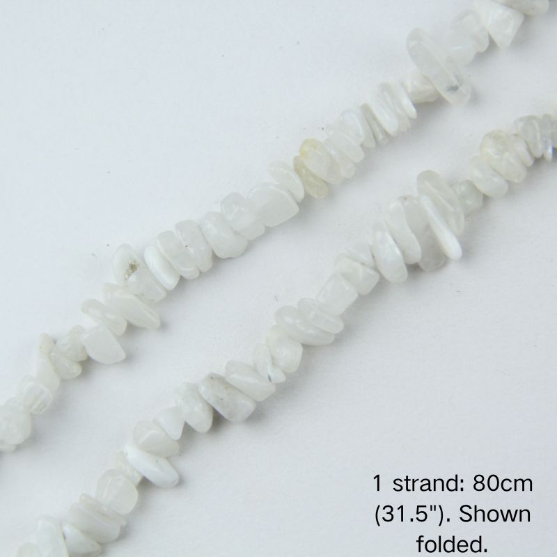 White moonstone chip cord, 80cm length folded, close-up angle view showing natural 5-8mm chip beads.