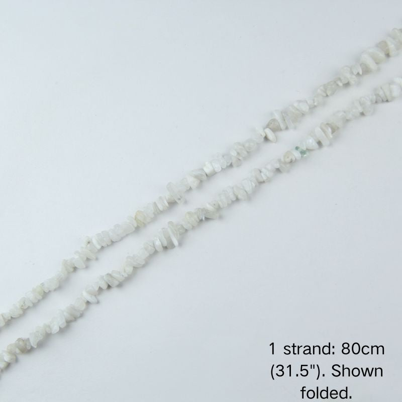 White moonstone chip beaded strand, 31.5 inch (80cm) length shown folded on white background.