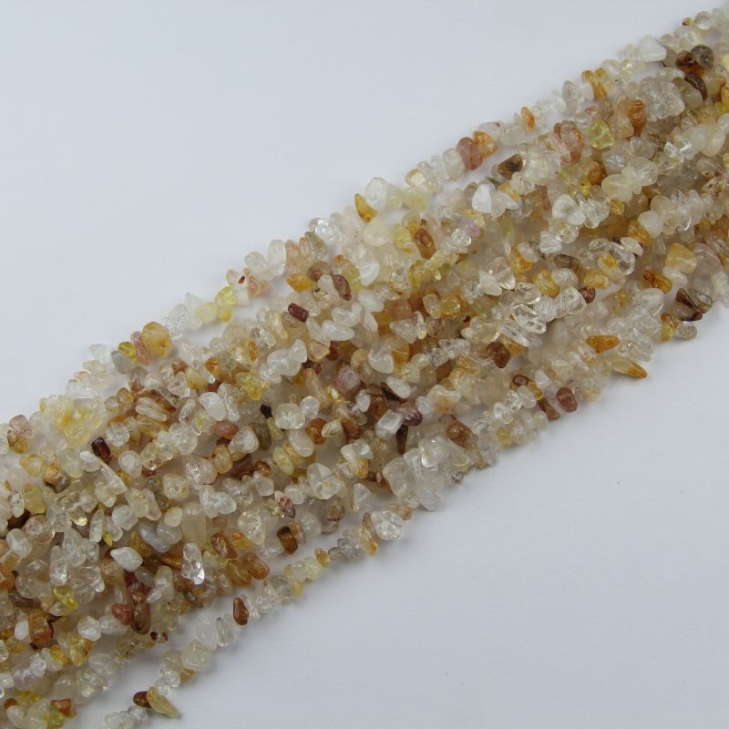 yellow floral inclusion quartz long bead chain hanging naturally against white background showing full length and golden inclusions