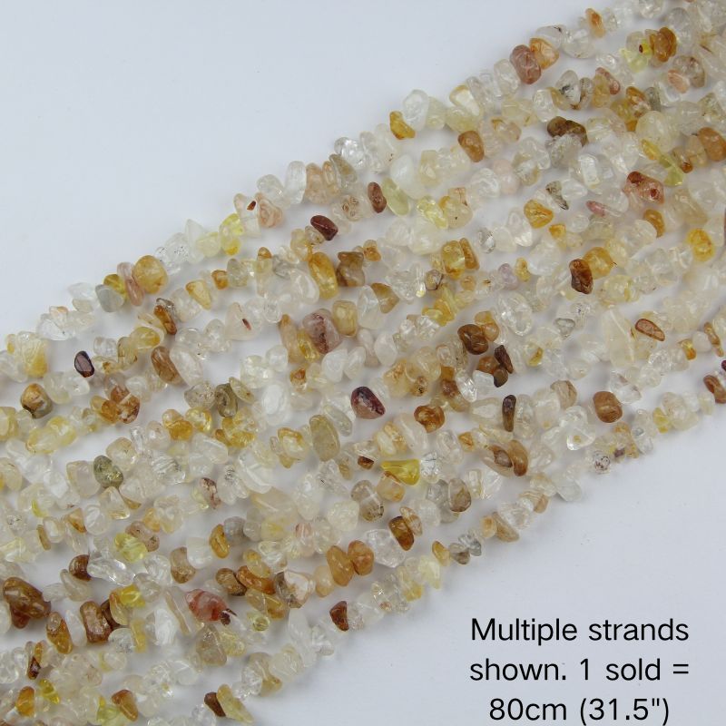 Multiple strands of 31.5" Yellow Hematoid Quartz chip beads (5-8mm) arranged in a row, showing vibrant yellow inclusions and natural texture for DIY jewelry.